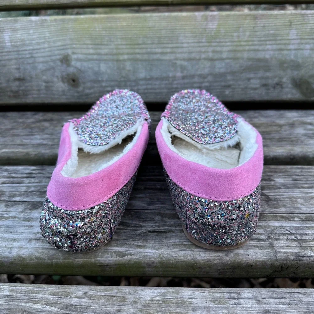 Lands End Girls Pink Glitter Faux Fur Moccasin‎ Slippers Multi Color Size 5